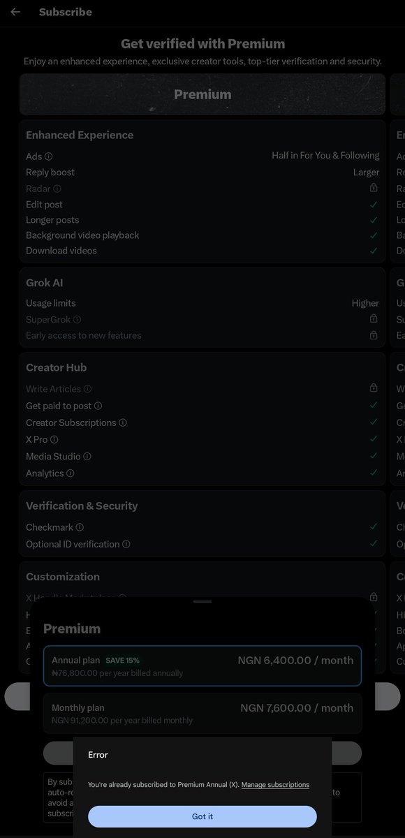 joeyofweb3's tweet image. .....@premium @X  My annual Premium sub from last month isn&apos;t showing up and payment is already confirmed, but no features. Handle: @joeyofweb3
 
#PremiumSupport

Here in the picture it says I&apos;m already subscribed but the features are not working