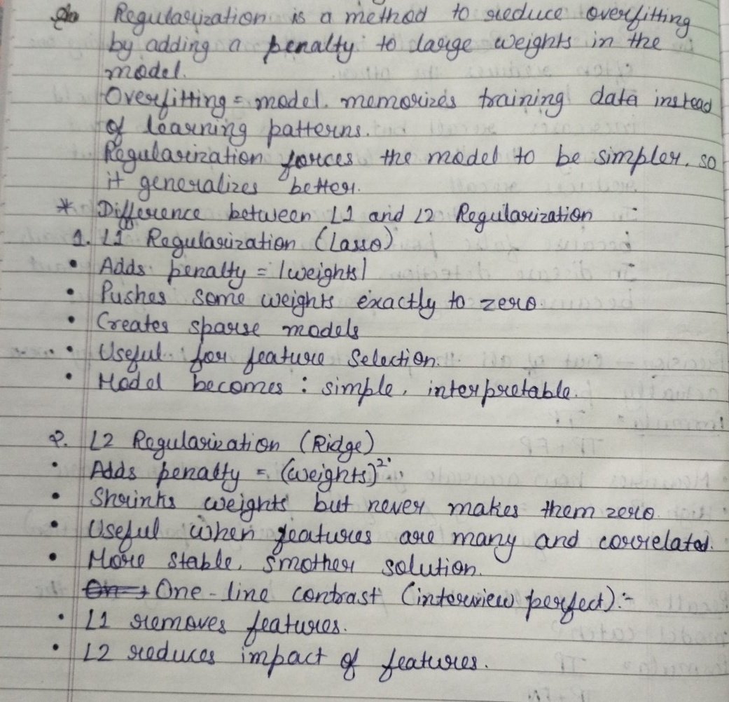 ShaliniBaghel08's tweet image. Q. What is Regularization in machine learning and why do we use it ? Also explain the difference between L1 and L2 Regularization.
#InterviewQuestion 
#MachineLearning