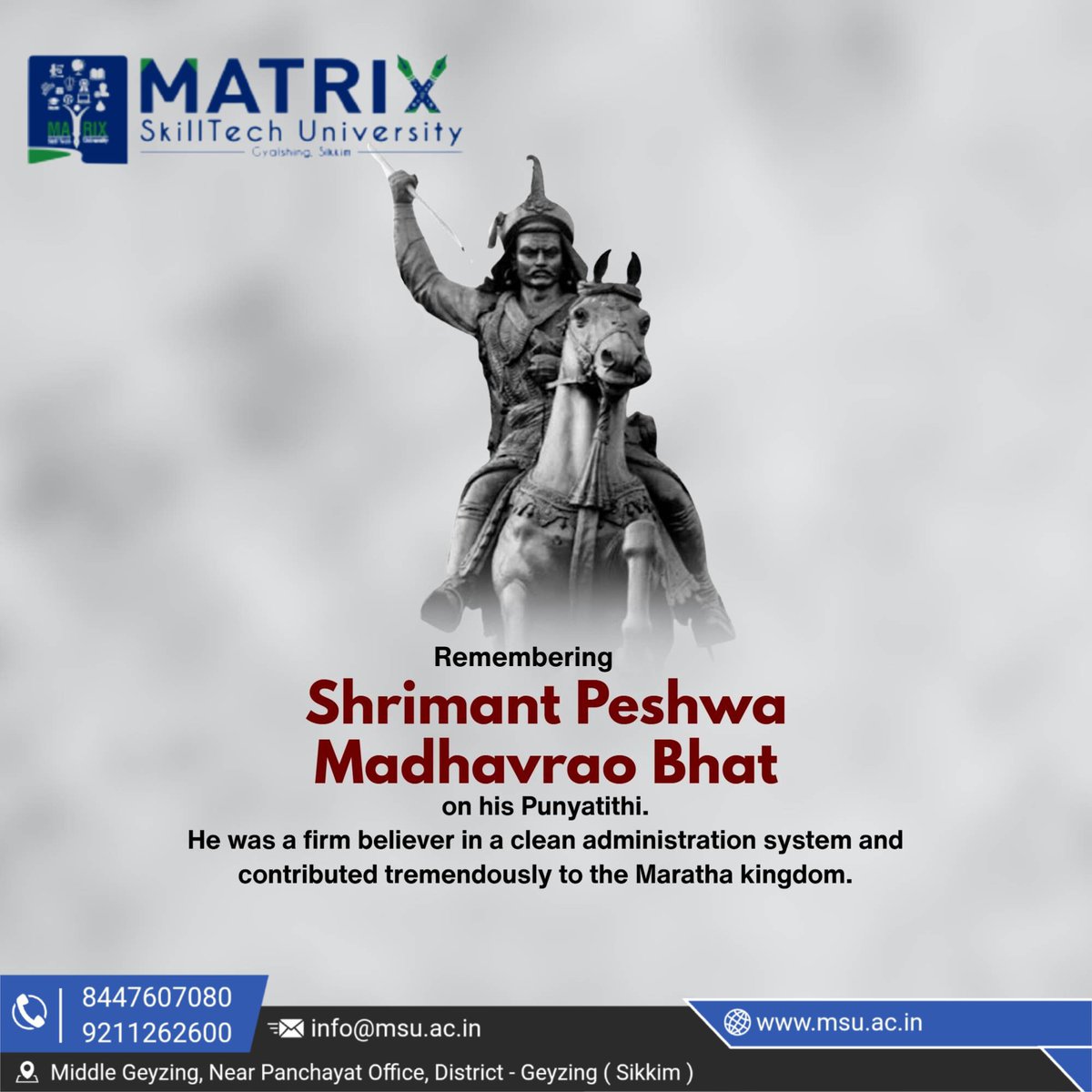 university19447's tweet image. Punyatithi of Madhavrao Peshwa Ji – Matrix SkillTech University
Today, we honor the Punyatithi of Madhavrao Peshwa Ji.
#MadhavraoPeshwa #Punyatithi #MatrixSkillTechUniversity #MSU #Tribute #MarathaHistory #LegacyOfLeadership #RespectfulRemembrance #Inspiration