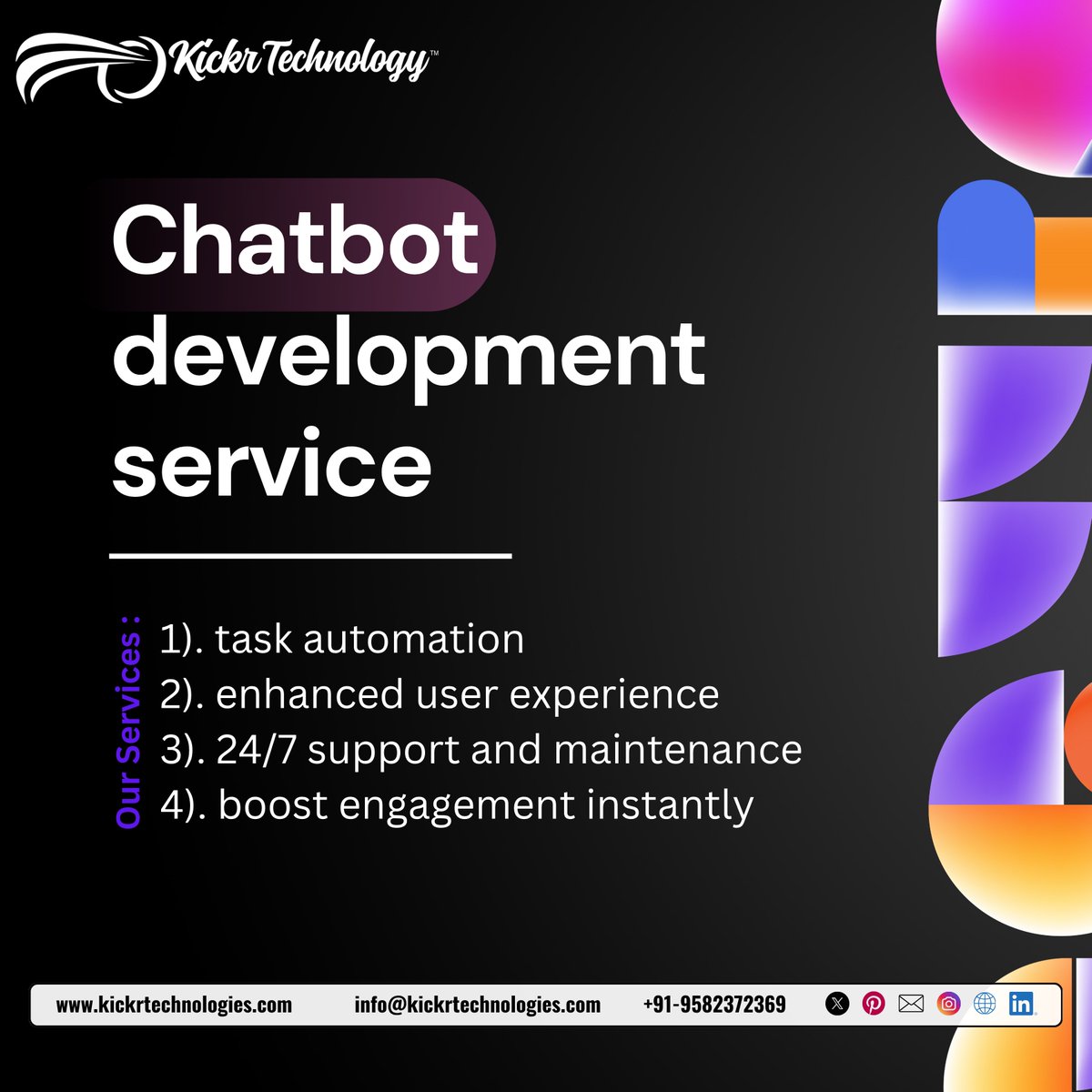 KickrTechnology's tweet image. Smarter support. Faster responses. Higher engagement.
Our Chatbot Development Service automates tasks, enhances UX, provides 24/7 support &amp;amp; boosts engagement instantly.
#ChatbotDevelopment #KickrTechnology #AIChatbots #Automation #TechSolutions #UX #DigitalInnovation #AI