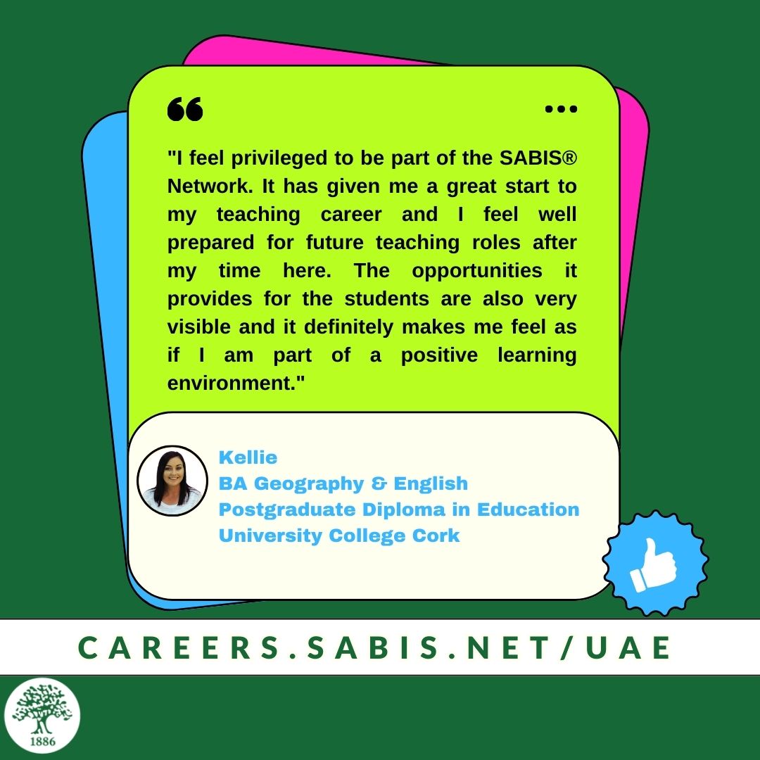 Kellie, a SABIS teacher, shares her experience working at SABIS.

𝐃𝐨𝐧'𝐭 𝐦𝐢𝐬𝐬 𝐨𝐮𝐭 𝐨𝐧 𝐭𝐡𝐢𝐬 𝐨𝐩𝐩𝐨𝐫𝐭𝐮𝐧𝐢𝐭𝐲 𝐭𝐨 𝐢𝐧𝐬𝐩𝐢𝐫𝐞 𝐚𝐧𝐝 𝐞𝐝𝐮𝐜𝐚𝐭𝐞!

Apply now at: careers.sabis.net/UAE or through the link in our bio.
