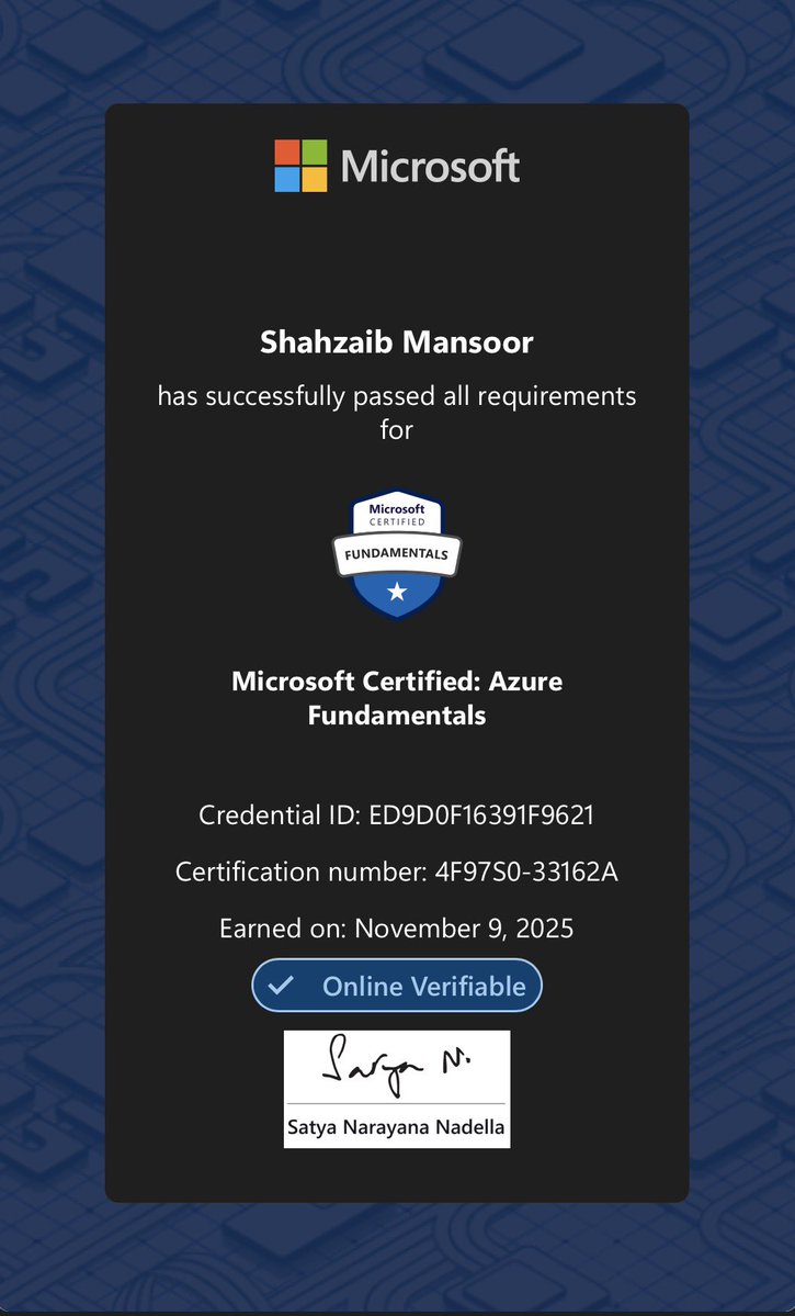 shahzmansoor's tweet image. Just earned my Azure Fundamentals certification a week a go! 
Excited to keep building my cloud skills and take on more real-world projects. On to the next!
#Azure #AzureFundamentals #CloudComputing #MicrosoftCertified #ITCareer #TechJourney
