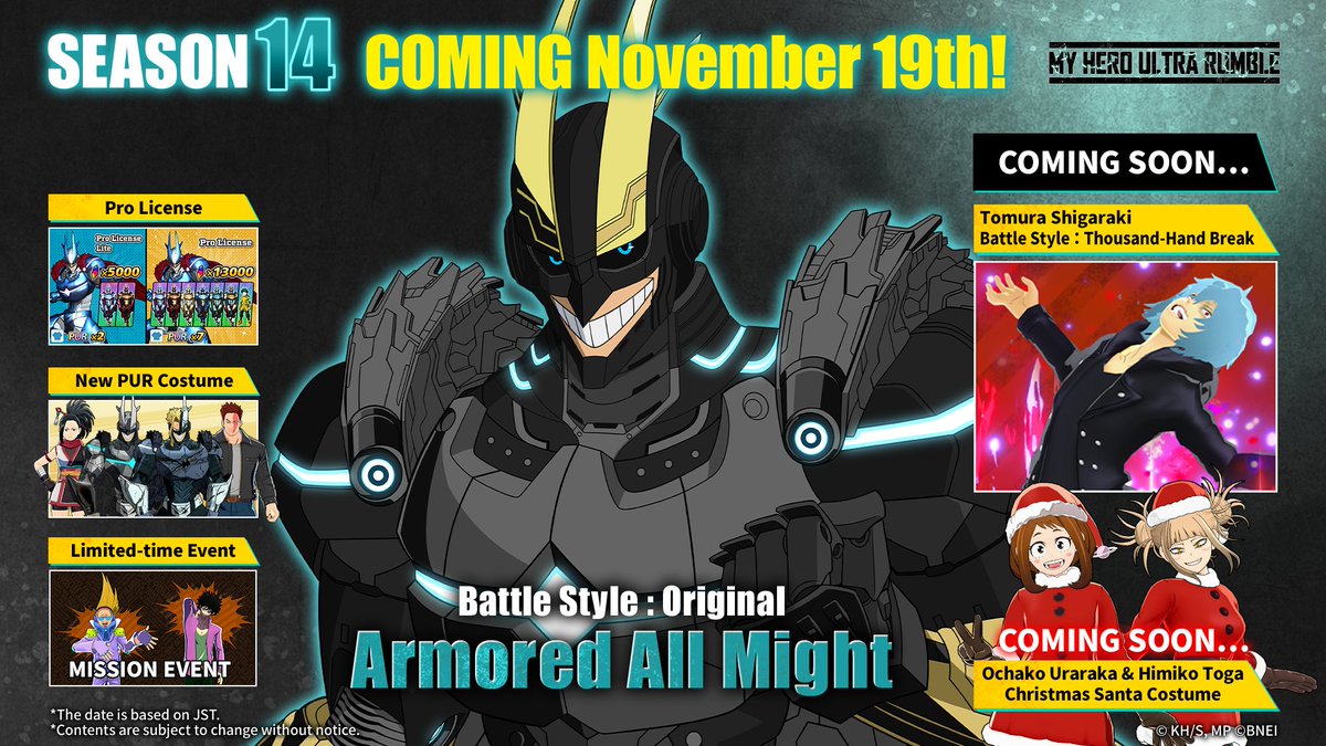 The former Number One hero makes a final stand in Season 14 of #MHUR!

💥New Hero – Armored All Might!
💥 New Costumes – Adventurer, Christmas Santa, and more!
💥New Battle Style – Shigaraki “Thousand-Hand Break”!

Play for FREE today: playmyheroultrarumble.com