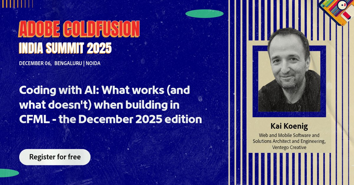 coldfusion's tweet image. AI can boost CFML dev, but only if you know its limits.
Live demos, agents, best practices &amp;amp; pitfalls only at Adobe ColdFusion India Summit!
Register for free: bit.ly/47K4aVP