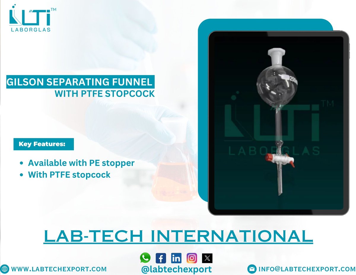 LABTECHEXPORT's tweet image. Gilson Separating Funnel  with PTFE Stopcock

Product Link: labtechexport.com/product/6960-s…

Regards
Lab-Tech International
Contact us-
WhatsApp- + 098020 13010
Email- info@labtechexport.com
Website- labtechexport.com

Separating Funnel , LABORATORY, LABORATORY GLASSWARE, LAB