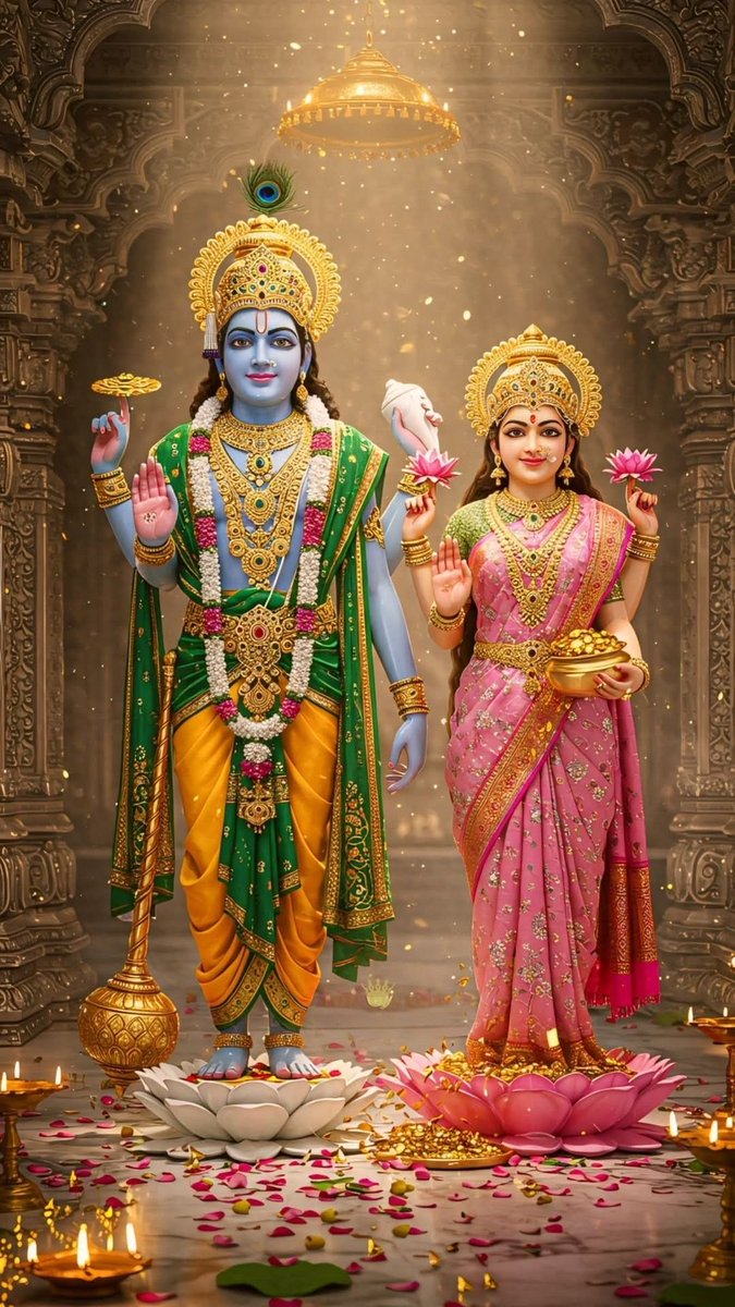 सृष्टि के पालनहार भगवान विष्णु और समृद्धि की देवी महालक्ष्मी —
जहां इनका वास, वहां दुख और दरिद्रता का नाश। 💫
नारायण देते हैं जीवन में स्थिरता,
और लक्ष्मी भरती हैं उसमें सौभाग्य की ज्योति। 💰🌼
उनकी कृपा से जीवन में आता है सुख, शांति और समृद्धि ।।

जय श्री लक्ष्मी नारायण  🌺🦚
