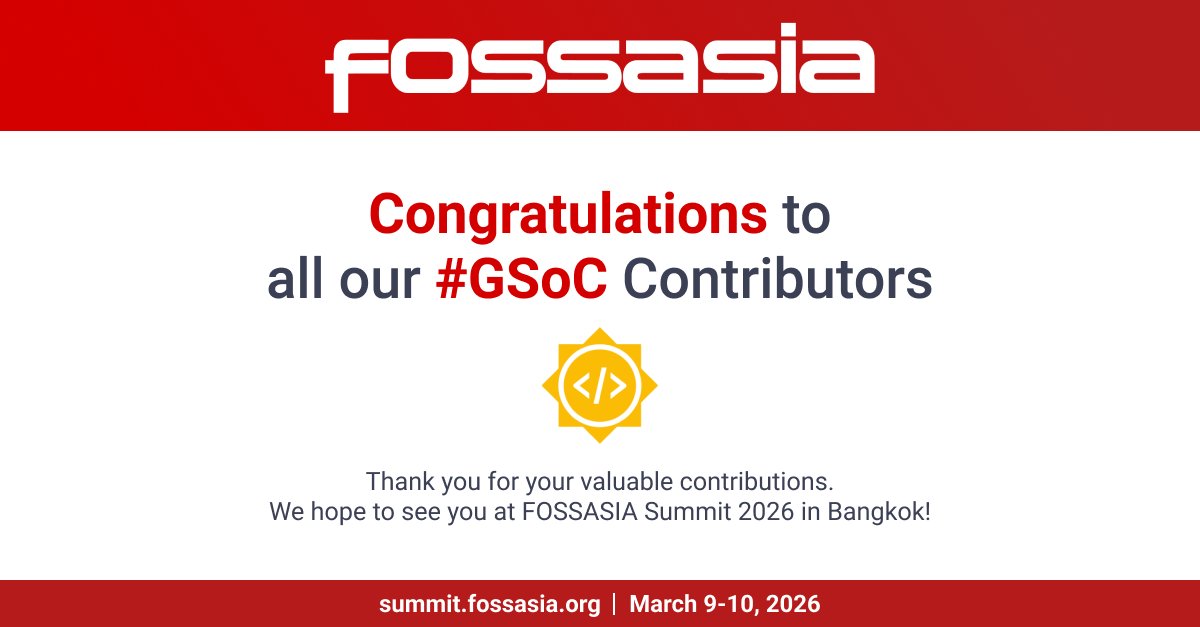 fossasia's tweet image. 🎉 Congratulations to all our #GSoC Contributors for successfully completing their summer of code with FOSSASIA!

Thank you for your valuable contributions. We look forward to your continued journey in open source and hope to see you at FOSSASIA Summit 2026 in Bangkok!