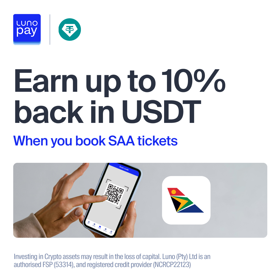 You can now use Luno Pay at thousands of Scan to Pay-enabled merchants  across South Africa. This also includes @flysaa, where you can pay for flight  tickets and earn crypto rewards with