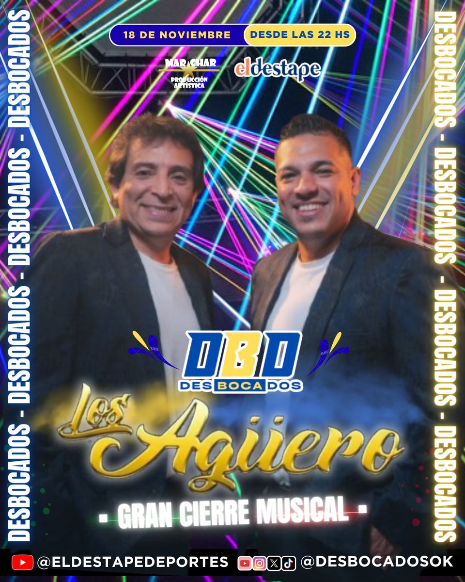 ✨️GRAN CIERRE MUSICAL en #DESBOCADOS el programa del #CABJ por #ELDESTAPE

▪︎ #Martes #18Nov | 22 Hs 
<a href="/marcelolerner1/">marcelo lerner</a> <a href="/carlosalfano/">carlos alfano</a> <a href="/yammissargOK/">Yam Miss Argentina</a>

💥 BAILAMOS AL RITMO DE LA CUMBIA SANTAFESINA  🎸 con
▪︎ LOS AGÜERO ▪︎ #LosAguero 

🔸️PRODUCE <a href="/PrensaMarChar/">MarChar Producción Artística</a> <a href="/eldestapeweb/">El Destape</a>