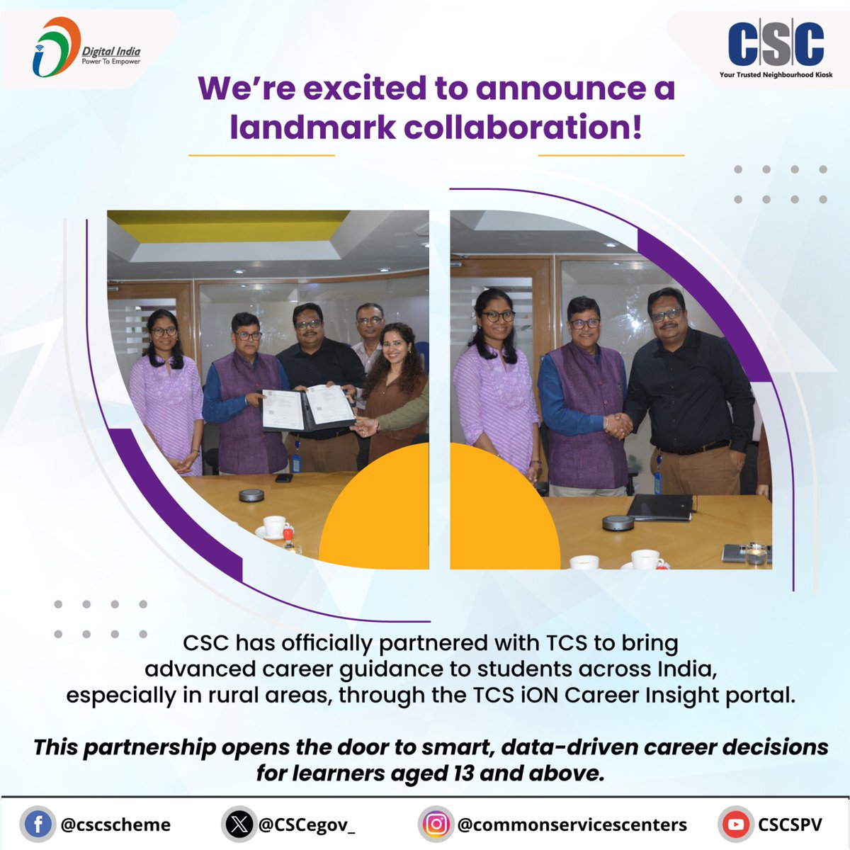 CSCegov_'s tweet image. We’re excited to announce a landmark collaboration!

CSC has officially partnered with TCS to bring advanced career guidance to students across India, especially in rural areas, through the TCS iON Career Insight portal.

This partnership opens the door to smart, data-driven…