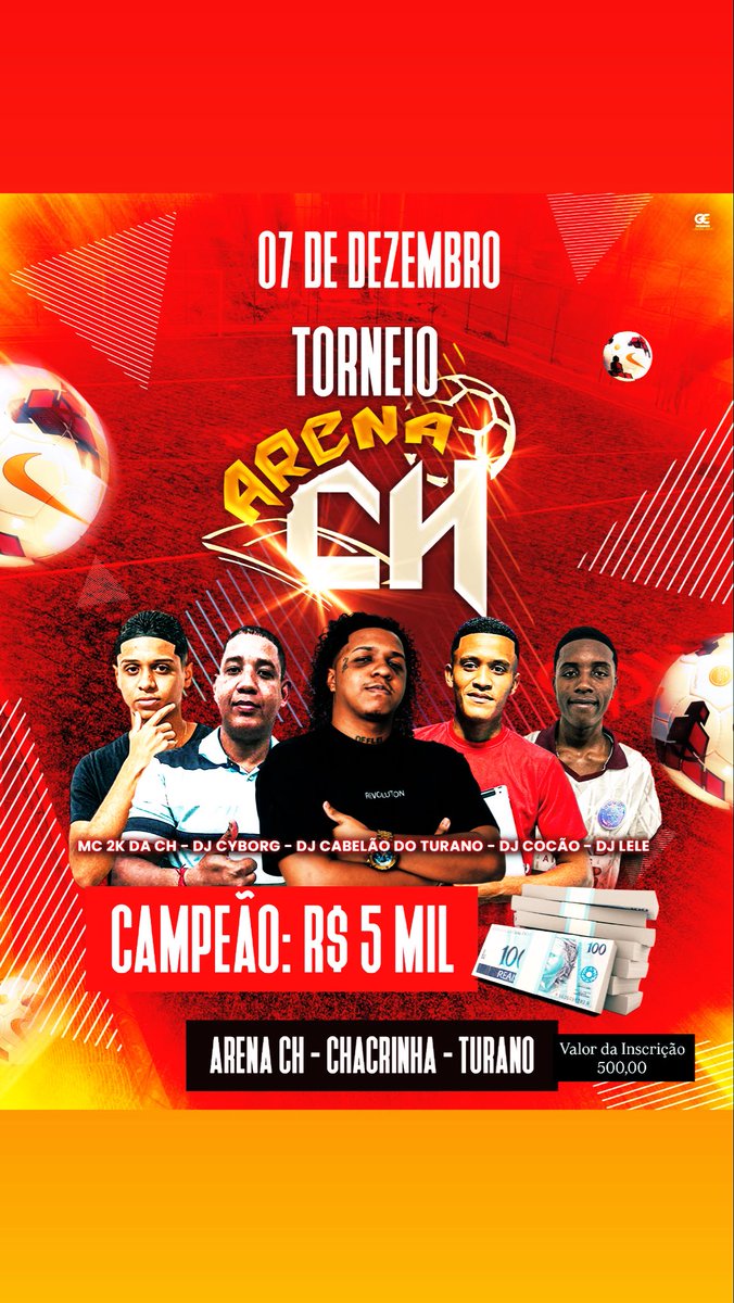 DIA 07 DE DEZEMBRO ( DOMINGO ) TEM O ULTIMO TORNEIO DO ANO E SERÁ NA ARENA CH COMPLEXO DO TURANO 
VALOR DA INSCRIÇÃO 500,00 
PRÊMIO DE R$ 5.000 MIL REAIS EM ESPÉCIE PRO TIME VENCEDOR 
INSCREVAM SEUS TIMES
