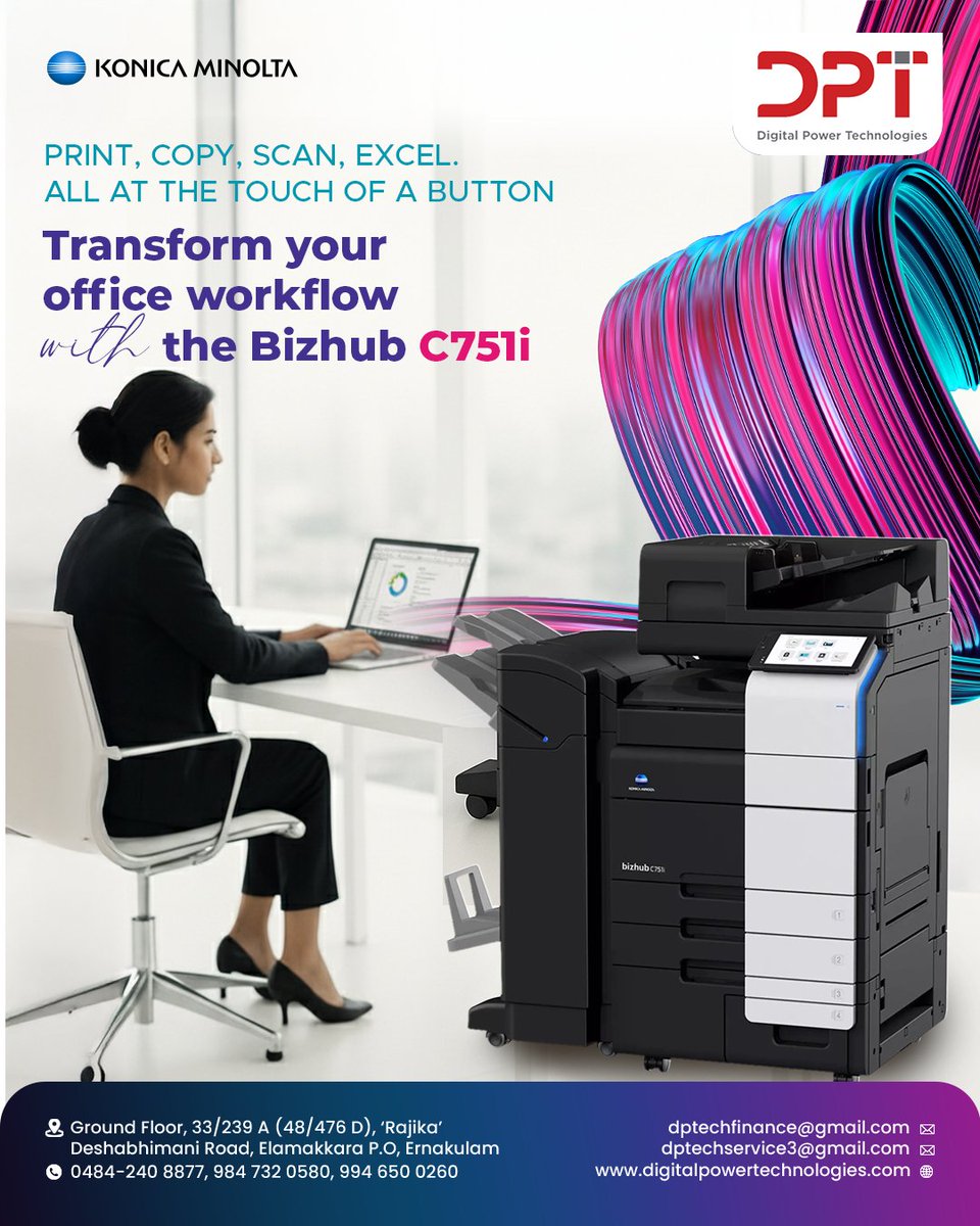 digitalpower_t's tweet image. Experience seamless productivity with the Bizhub C751i, where printing, copying, scanning, and even Excel integration are all at the touch of a button. 

To know more details contact us.
☎ 0484-2408877
📲 +91-9847320580, 7012867197

#DigitalPowerTechnologies #bizhubC751i