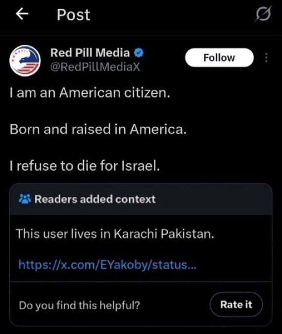 EYakoby's tweet image. The four accounts who spread disinformation on this platform are all from Pakistan.

Adam, Red Pill Media, Sulaiman, and Khalissee.

You are being manipulated.
