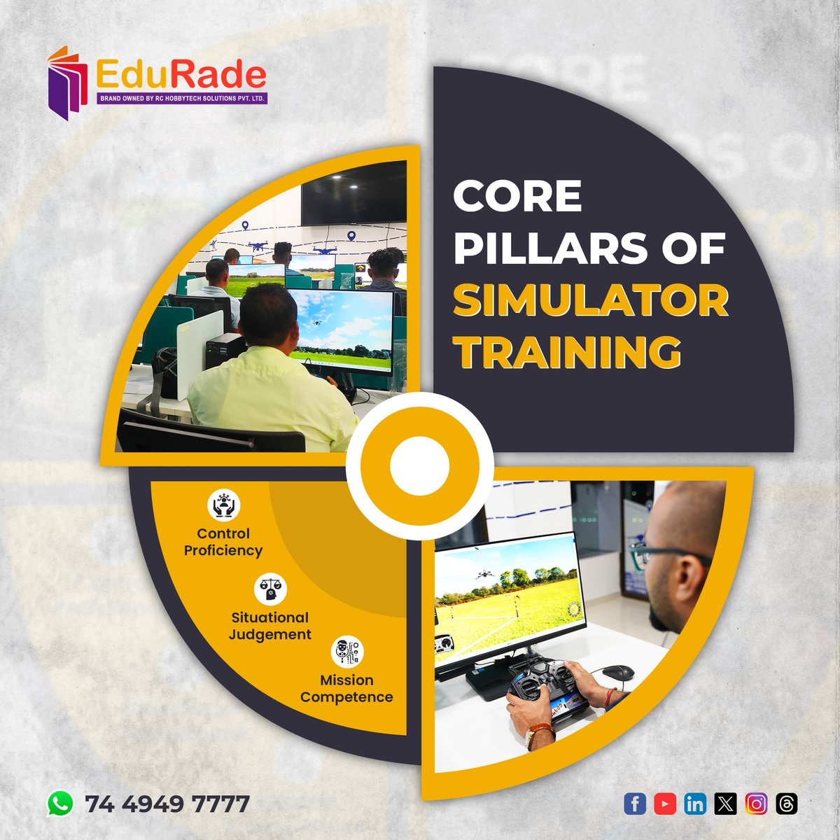 edurade_india's tweet image. Simulator sessions turn trial and error into genuine progress, building the control, judgement, and confidence that define a capable and reliable drone pilot.

📲 Contact: +91 7449 497 777

#EduRade #DronePilotTraining #SimulatorTraining