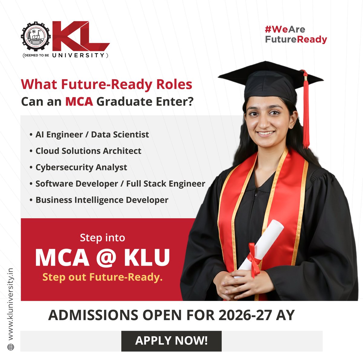 kluniversity's tweet image. Fast-track your tech career with the MCA @ KLU!
Gain hands-on skills in software engineering, work in cutting-edge labs, and become job-ready for high-growth IT roles
Admissions Open AY 2026–27
Apply: kluniversity.in/admissions-202…
#KLU #MCA #SoftwareMasters #ITCareers #WeAreFutureReady