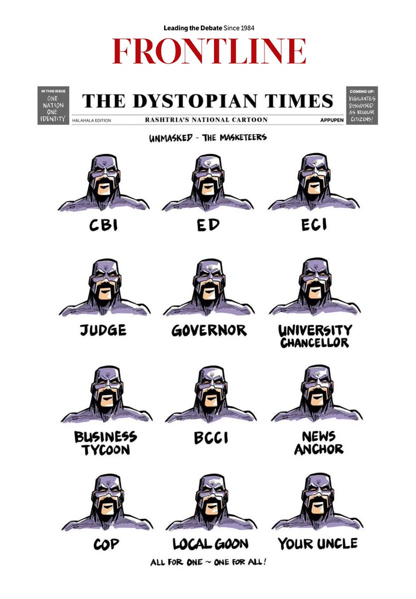 Welcome to The Dystopian Times!

<a href="/frontline_india/">Frontline</a> has unmasked the biggest secret of the #BJP era, where institutions no longer act independently, because they don’t even look independent anymore.

#CBI, #ED, #ECI, Governors, and the rest.
One face. One script. One master.