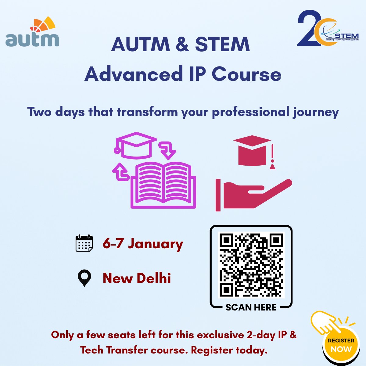 STEMTechTransfr's tweet image. In today’s innovation-driven world, Intellectual Property is key to success. This STEM–AUTM course equips you with the tools and knowledge to safeguard your ideas, manage IP portfolios, and transform research into market-ready solutions.
#stem #autm #stemcourse #registertoday