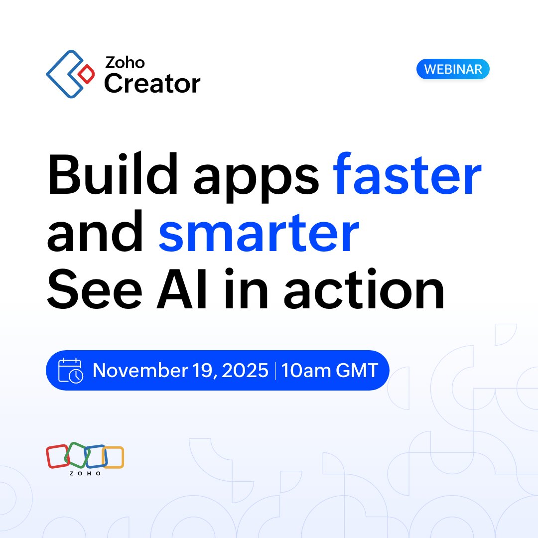 ZohoCreator's tweet image. Build business apps using AI-powered low-code! Join this Zoho Creator live demo on November 19 to see prompts, Deluge code, and smart automations in action. Register now: zurl.co/DNozt