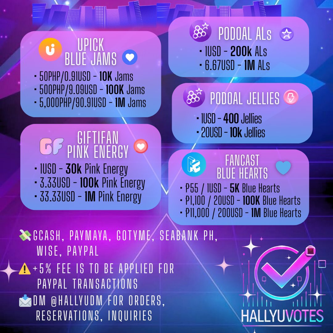 📣WTS/LFB K-POP VOTES

PODOAL: ALs💜 &amp; Jellies 🩷 
UPick: Blue Jams💙 
GIFTIFAN: Pink Energy🩷
Fancast: Vlue Heart💙

📩DMs: <a href="/HallyuDM/">Hallyu Messages 📨</a>
📜Proof Of Transactions: @HallyuVoteProof

🏷️WTS LFB | K-POP KPOP VOTE | UPICK BLUE JAM | PODOAL ALS JELLIES |  GIFTIFAN PINK ENERGY | FANCAST