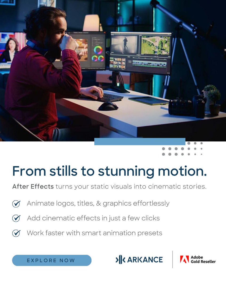 Arkancein's tweet image. Your visuals deserve to move.
After Effects transforms simple graphics into engaging motion stories.
✨ From stills to stunning motion.
Learn more: lnkd.in/g3NfW9WD

#MotionDesign #AfterEffects #AdobeCreativeCloud #adobe #ARKANCE #ARKANCEIndia