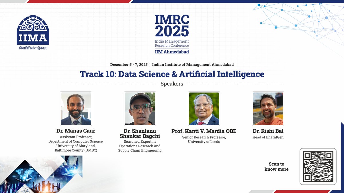 IIMAhmedabad's tweet image. The Data Science &amp;amp; Artificial Intelligence (CDSA) track at #IMRC2025 will bring together cutting-edge research and expert insights on a wide range of topics, including #PredictiveAnalytics, #MachineLearning algorithms, #DeepLearning frameworks, and more.

conference.iima.ac.in/imrc2025/speak…