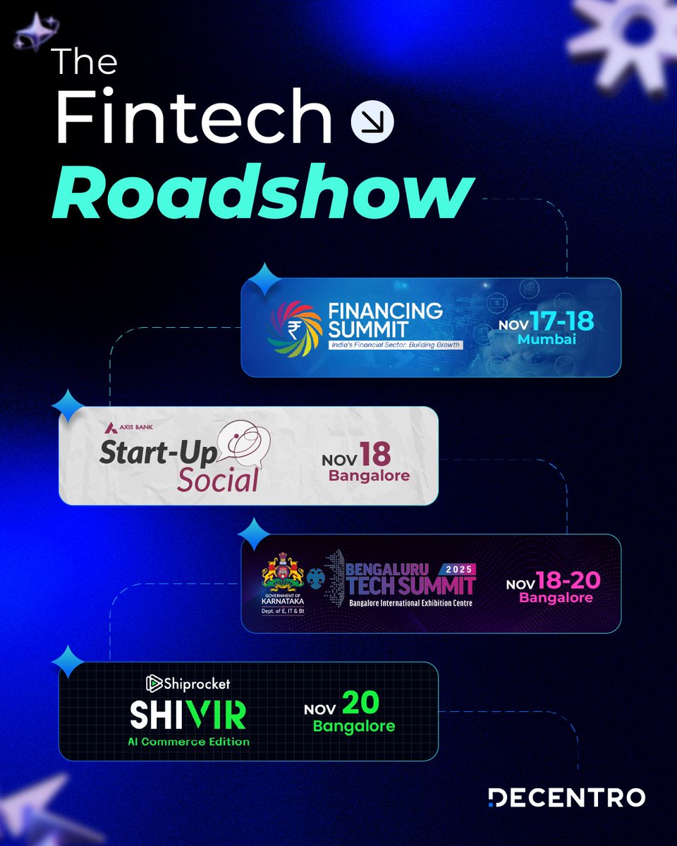 We’re heading across #Mumbai and #Bangalore this week — meeting innovators, partners, and #fintech leaders.

From industry insights to real conversations on what’s shaping the future of finance, if you’re attending any of these events, drop by and meet the Decentro team.