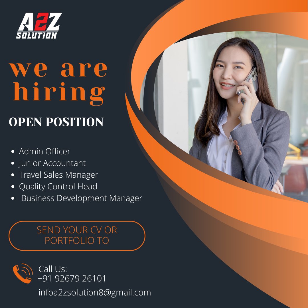 SunderBhati01's tweet image. 📢 We Are Hiring!
📌 Open Positions:
• Admin Officer
• Junior Accountant
• Travel Sales Manager
• Quality Control Head
• Business Development Manager

#A2ZSolution #HiringNow #JobOpening #FreePlacement #AdminJobs #AccountantJobs #SalesJobs #QualityControl
