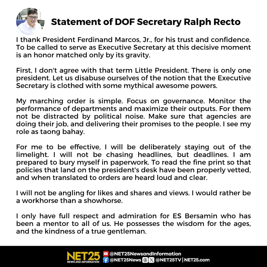 NET25TV's tweet photo. BASAHIN: Nagpasalamat si Finance Secretary Ralph Recto kay Pangulong Ferdinand Marcos Jr. matapos siyang italaga bilang bagong Executive Secretary nitong Lunes, Nobyembre 17.

#NET25NewsandInformation #RalphRecto https://t.co/0cGJeFVUsb
