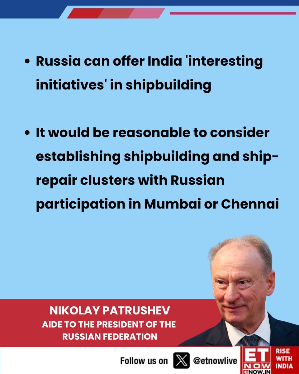 ETNOWlive's tweet image. Russia proposes shipbuilding &amp;amp; repair clusters in India 

Patrushev held meetings with NSA Ajit Doval, National Maritime Security Coordinator Vice Admiral Biswajit Dasgupta, and Ports &amp;amp; Shipping Minister Sarbananda Sonowal

#IndiaRussia #MaritimeSecurity #Shipbuilding