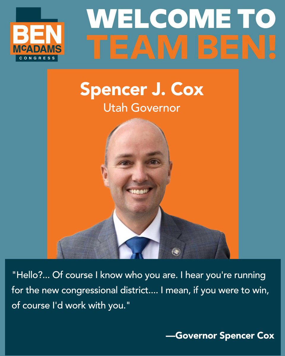 FakeGovernorCox's tweet photo. Hey friends. Quick clarification. I did NOT endorse @BenMcAdams. During our phone call, I clearly told him I'd work WITH him IF he were elected, but he must have taken that as an endorsement. I have reached out to his team and they'll be taking down my "endorsement." #utpol https://t.co/5NrsOH0K7W