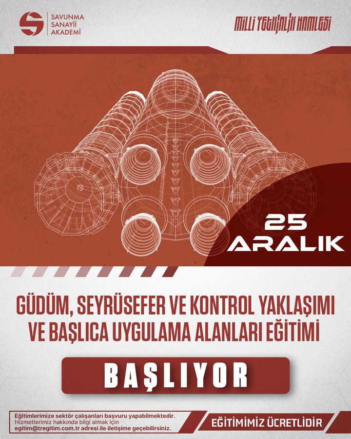 Technical diagram illustrates a three-dimensional wireframe model of a multi-stage rocket or missile system viewed from a front angle with detailed structural lines and components. The design features cylindrical body sections stacked vertically with fins at the base and nozzles at the bottom. Prominent text overlays in Turkish include Savunma Sanayii Akademi logo at top left Milli Yetkinlik Hareketi banner and event title Güdüm Seyrüsefer ve Kontrol Yaklaşımı ve Başlıca Uygulama Alanları Eğitimi Başlıyor centered below. Date 25 Aralık specified and a label states the training is paid. Red accents highlight key areas with geometric precision throughout.