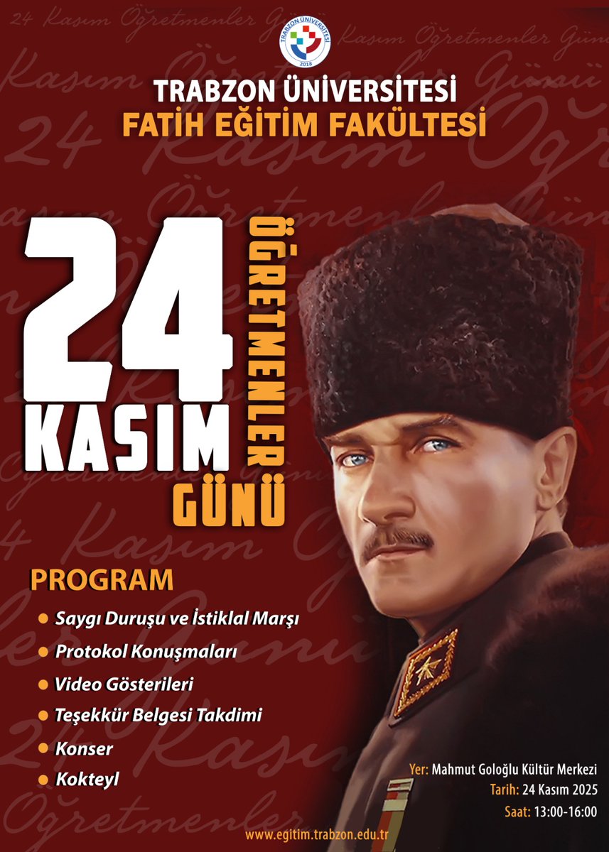 Kurulduğu günden itibaren ülkemizin dört bir yanında görev yapmak üzere öğretmen yetiştiren Fatih Eğitim Fakültesinin hazırladığı 24 Kasım Öğretmenler Günü etkinliğine öğretmen adaylarımız, mezun öğrencilerimiz, emekli hocalarımız, akademik ve idari personelimiz davetlidir