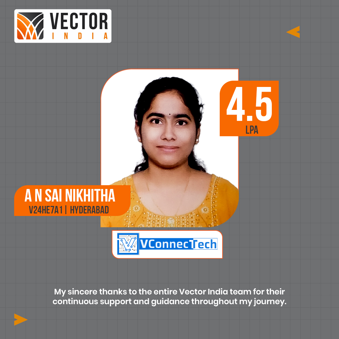 Vector_India's tweet image. Congratulations to A N Sai Nikhitha for securing 4.5 LPA at VConnecTech.
From foundational learning to industry-ready skills, her journey reflects the power of dedicated training + the right guidance. #EngineeringSuccess #EmbeddedSystems #CampusHiring #EngineeringJobs #TechTalent