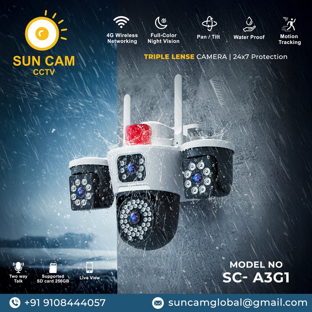 SunCamCctv's tweet image. Secure more. Worry less.
Introducing the SC-A3G1 Triple Lens 4G Camera — designed for those who want maximum coverage, zero blind spots, and 24/7 remote monitoring from anywhere.

#SCA3G1 #4GCamera #TripleLensCamera #CCTVIndia #SmartSecurity #Suncam #SmartHomeIndia