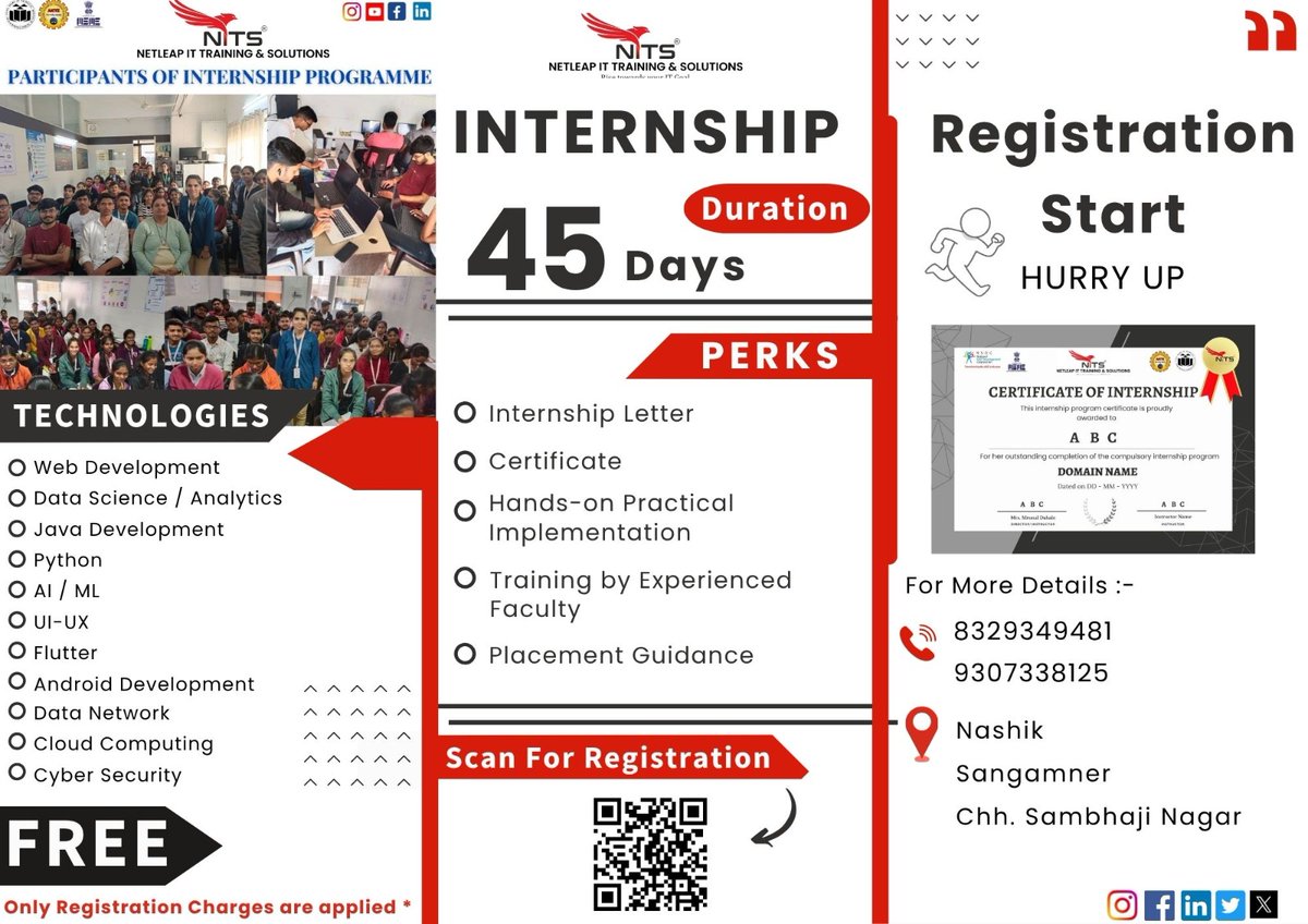 netleap_it's tweet image. 🚀 NetLeap IT Training &amp;amp; Solutions presents – 45 Days Intensive Internship Program!
Your gateway to real IT skills, practical exposure, and career growth starts NOW! 💼✨

Join our FREE Internship Program (Only registration charges applicable*) 

#TrainingAndPlacement