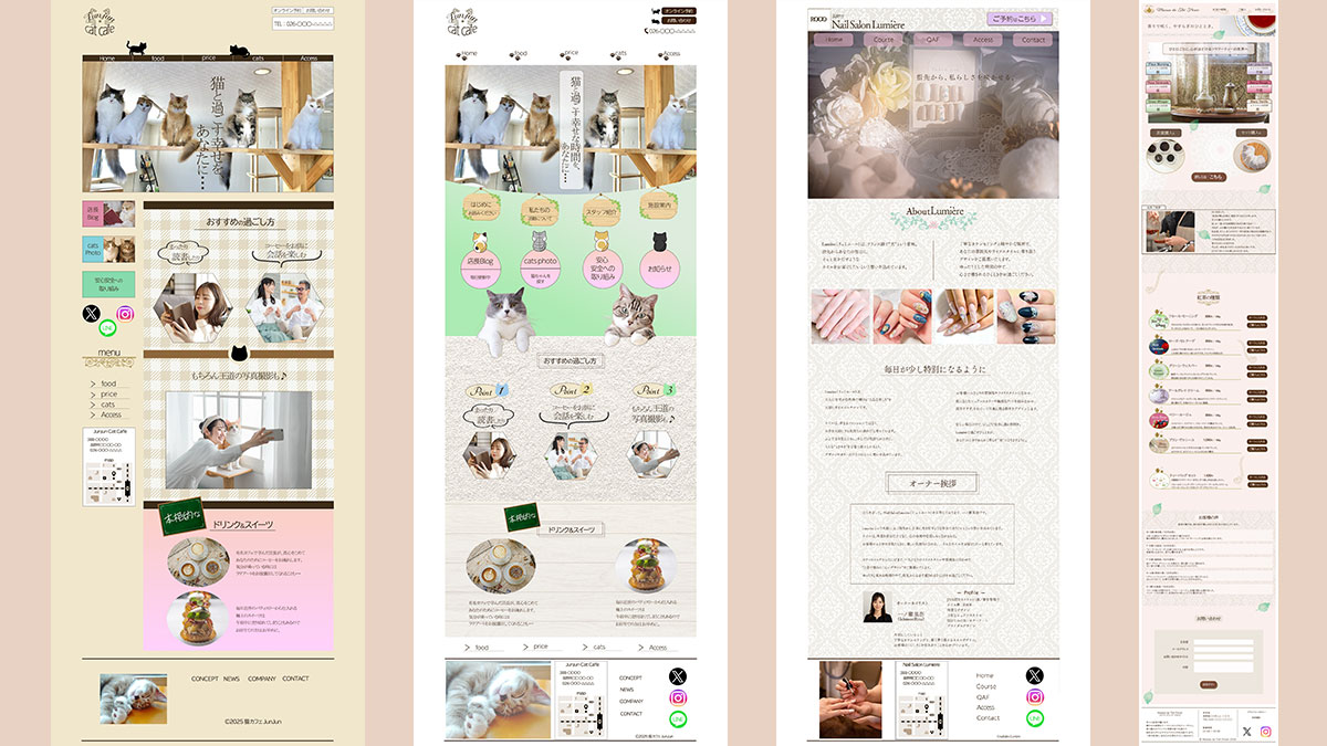 jun_jun_design's tweet image. 【10月HP制作】ご紹介🍂

ジャンルごとに雰囲気は変えつつ、見やすさや使いやすさ、写真と色合いのバランスにこだわってデザインしました💻

それぞれの世界観が伝わるよう丁寧に仕上げていますので、見比べて楽しんでいただけたら嬉しいです🧸

HP制作のご相談はDM・メールよりお気軽にどうぞ📩