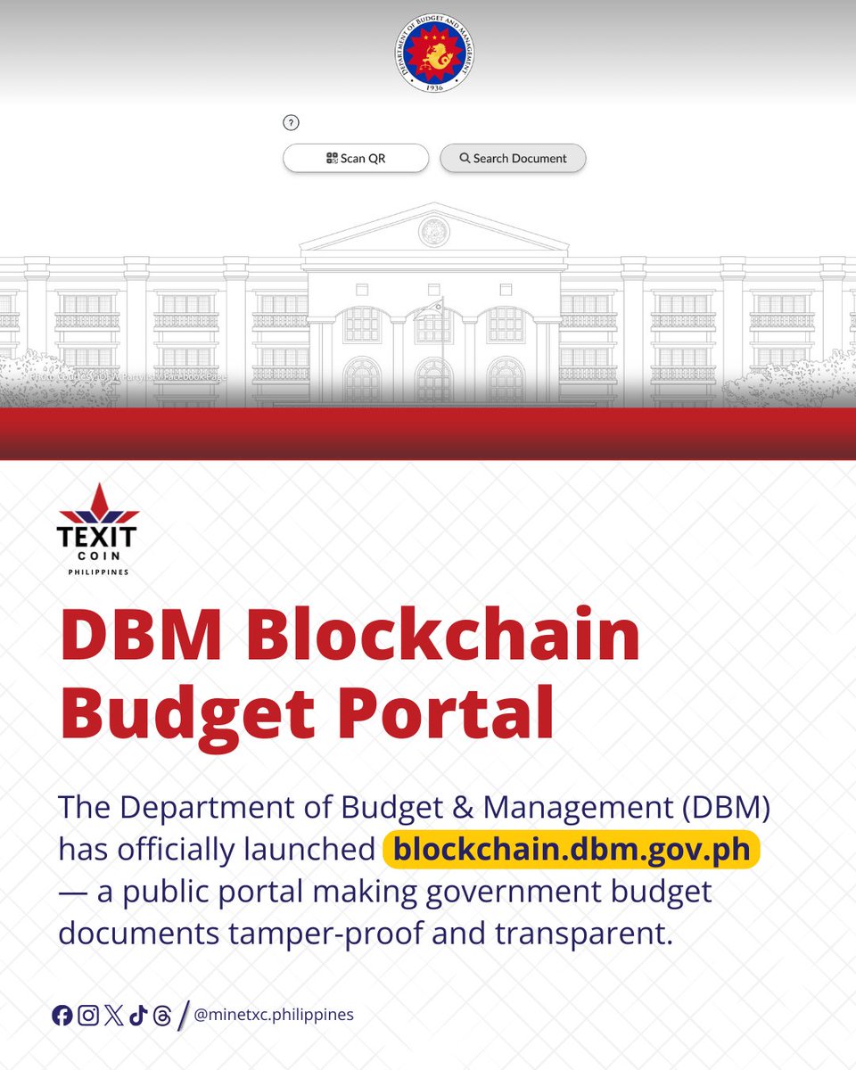 MinetxcPH2025's tweet image. The Philippines has just taken a significant step toward transparency! 🇵🇭

The DBM has launched blockchain.dbm.gov.ph, a public portal that makes government budget documents tamper-proof and fully transparent.

#BlockchainPH #TransparencyMatters #MineTXC #TEXITcoin #Crypto