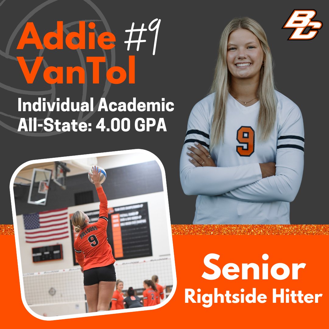 byroncentervb's tweet image. Congratulations to our senior, #9 Addie VanTol! Addie was named individual academic all-state with an impressive GPA of 4.00! Way to go, Addie! #GoBulldogs #BCVB