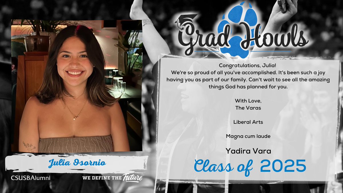 CSUSBAlumni's tweet image. Give a big Coyote howl for our soon to be graduates 🎓💙 Add your message below to cheer them on.

Submit a Grad Howl at alumni.csusb.edu/gradhowls 🐾
