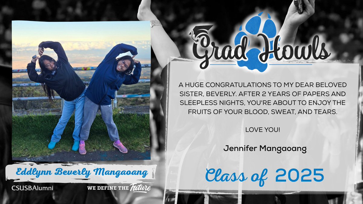 CSUSBAlumni's tweet image. Give a big Coyote howl for our soon to be graduates 🎓💙 Add your message below to cheer them on.

Submit a Grad Howl at alumni.csusb.edu/gradhowls 🐾