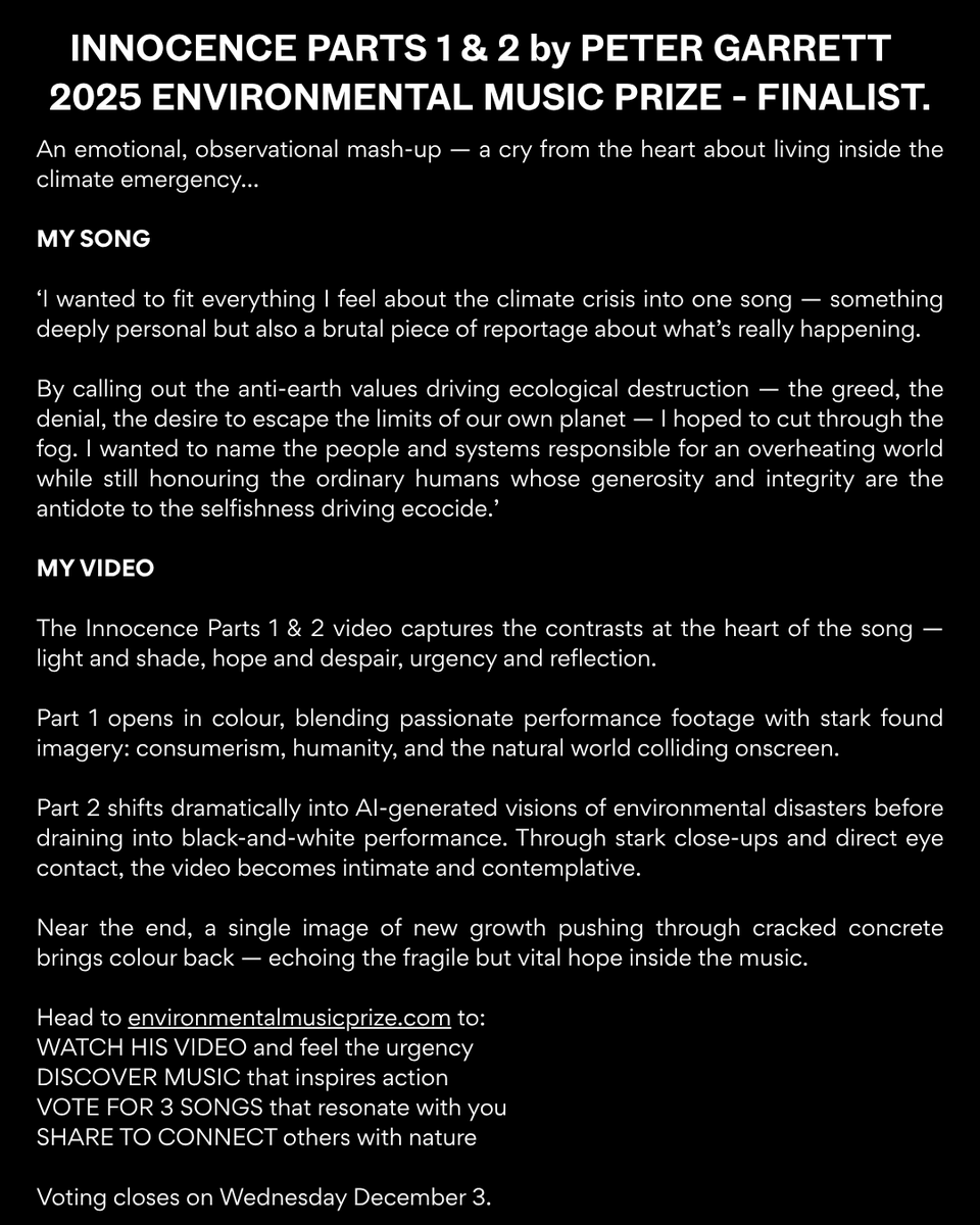 INNOCENCE PARTS 1 &amp; 2: 2025 ENVIRONMENTAL MUSIC PRIZE - FINALIST. Big thanks to <a href="/EnvMusicPrize/">Environmental Music Prize</a> for the nomination, it means the world to me. I can’t wait to check out fellow nominees - these are really songs for the time we find ourselves in: environmentalmusicprize.com
