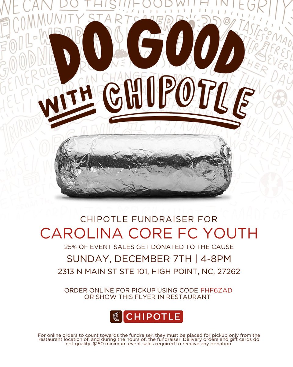 ccfc_youth's tweet image. 🌯 Eat @Chipotle Dec 7 (4–8PM)! Use code FHF6ZAD — 25% supports CCFC Youth!

🌯 Come en @Chipotle el 7 dic (4–8PM). Usa FHF6ZAD — ¡25% apoya a CCFC Youth!

#CCFCYouth #VamosFoxes #CoreCommunity #ChipotleFundraiser