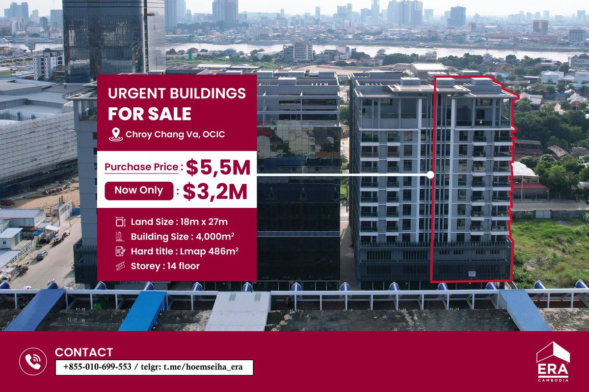 Ideal for Apartment/Hotel/Office: Commercial Building with 486 Sq.m. of Land, 4,000 Sq.m. of Building, &amp; 14 Floors for $3.5M at OCIC Zone, Chrouy Changvar, Phnom Penh Kh

Call: +855-10-699-553
Telegram: t.me/hoemseiha_era
WhatsApp: wa.me/85510699553