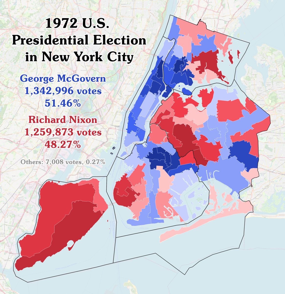 twizzyu's tweet image. The last time a presidential election in New York City was competitive was in 1972, when George McGovern only won the city by three points amid Nixon's landslide victory nationwide.