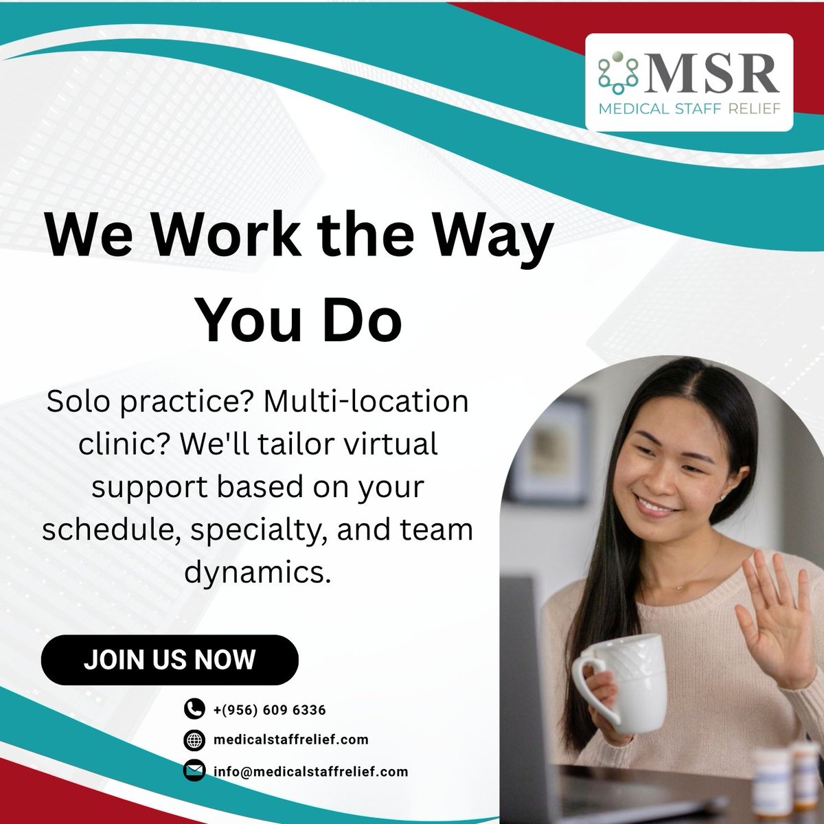 msr_serve's tweet image. We Work the Way You Do

Whether you run one clinic or many, MSR delivers virtual support tailored to your schedule and needs—so you can focus on patient care.

📞 Contact Us:
✔️ +(956) 609 6336
✔️ medicalstaffrelief.com
✔️ info@medicalstaffrelief.com