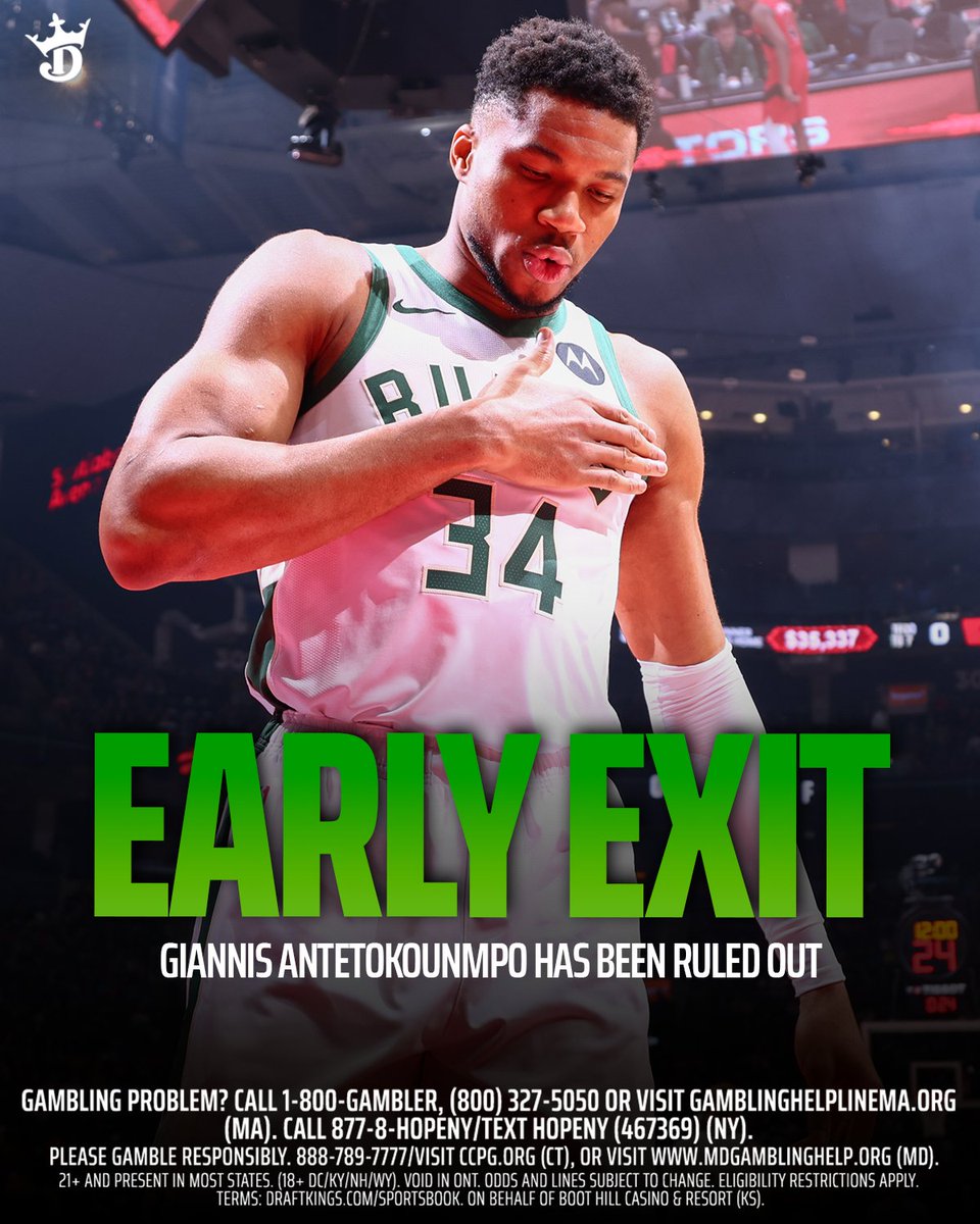 DKSportsbook's tweet image. Giannis Antetokounmpo has officially been ruled OUT after leaving the game in the 2ND QUARTER with a groin injury.

We&apos;ve got your back. Early Exit has you covered for the entire first half — including the 2ND quarter 🤝