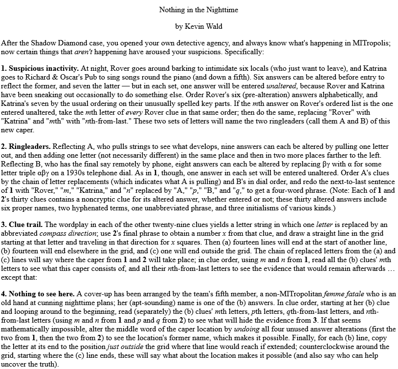 Kevin Wald just released this year's pre-MITMH cryptic "Nothing in the Nighttime"!

Here's the signature essay-length instructions:
