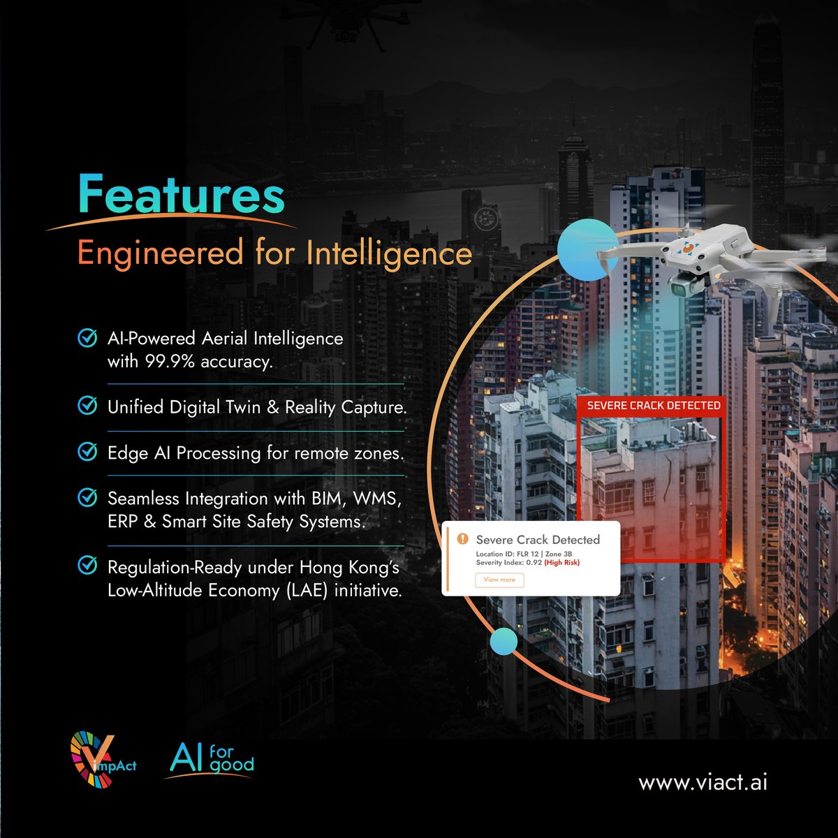 AiViact's tweet image. AI × automation × aerial engineering = viAER. 🔥

viAct’s Drone AeroVision AI for fast, safe &amp;amp; smart inspections.

From narrow façade gaps to 40-storey towers — viAER analyses, detects &amp;amp; reports in minutes.

Learn more⚡viact.ai/viaer?utm_sour…

#viAct #viAER #DroneAI #HongKong