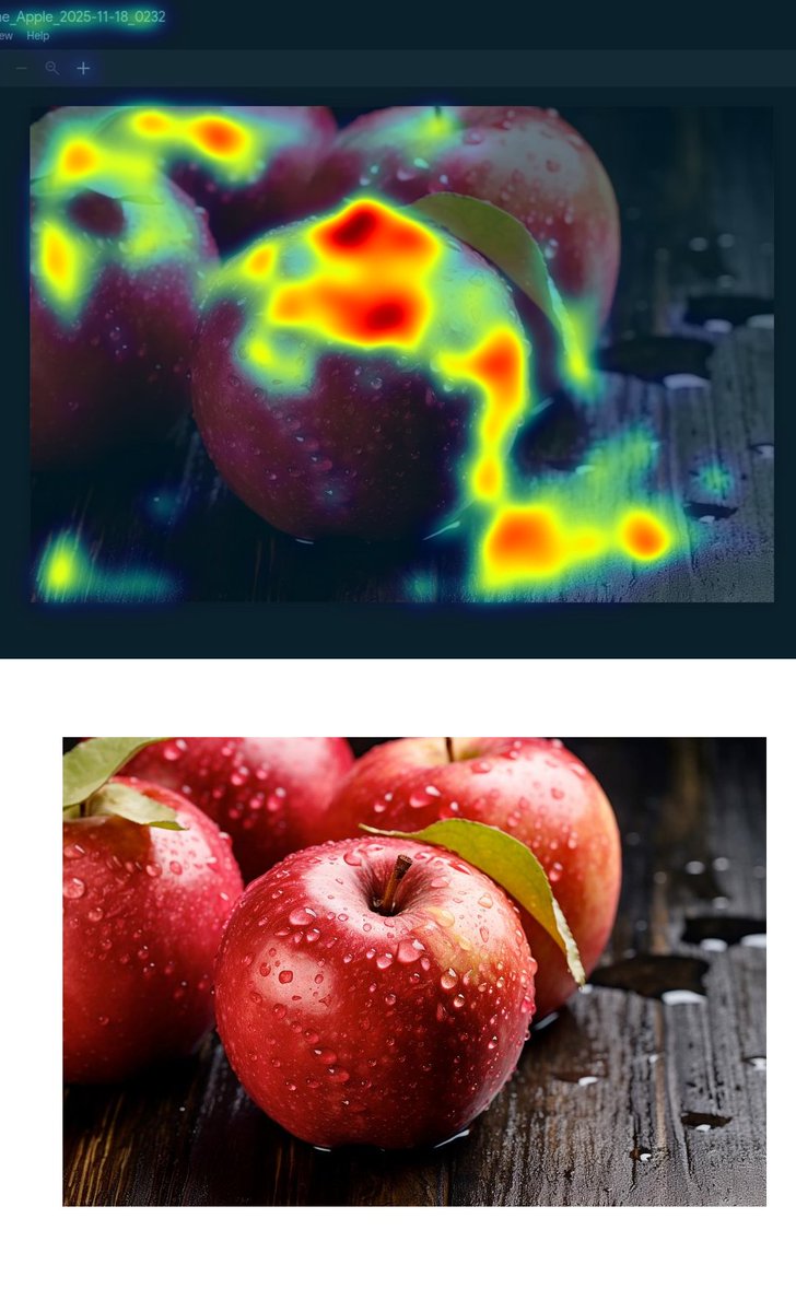 eyedotai's tweet image. Where Do Your Eyes Go First?👀 Apple wins!🍎 Clarity: 82, Excitingness: 73. CTA missing—add clear action text! ✅ #UXDesign #EyeTracking #AdTips