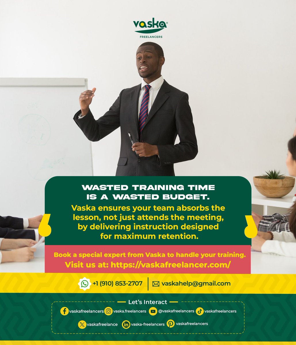 vaskafreelance's tweet image. Wasted training time is a wasted budget. 
Vaska ensures your team absorbs the lesson, not just attends the meeting, by delivering instruction designed for maximum retention.
Book a special expert from Vaska to handle your training. 
vaskafreelancer.com
#EffectiveLearning…